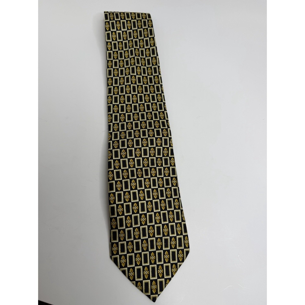 Vtg Gianni Versace Silk Tie Black Gold Baroque Geometric Square Diamond, 54"